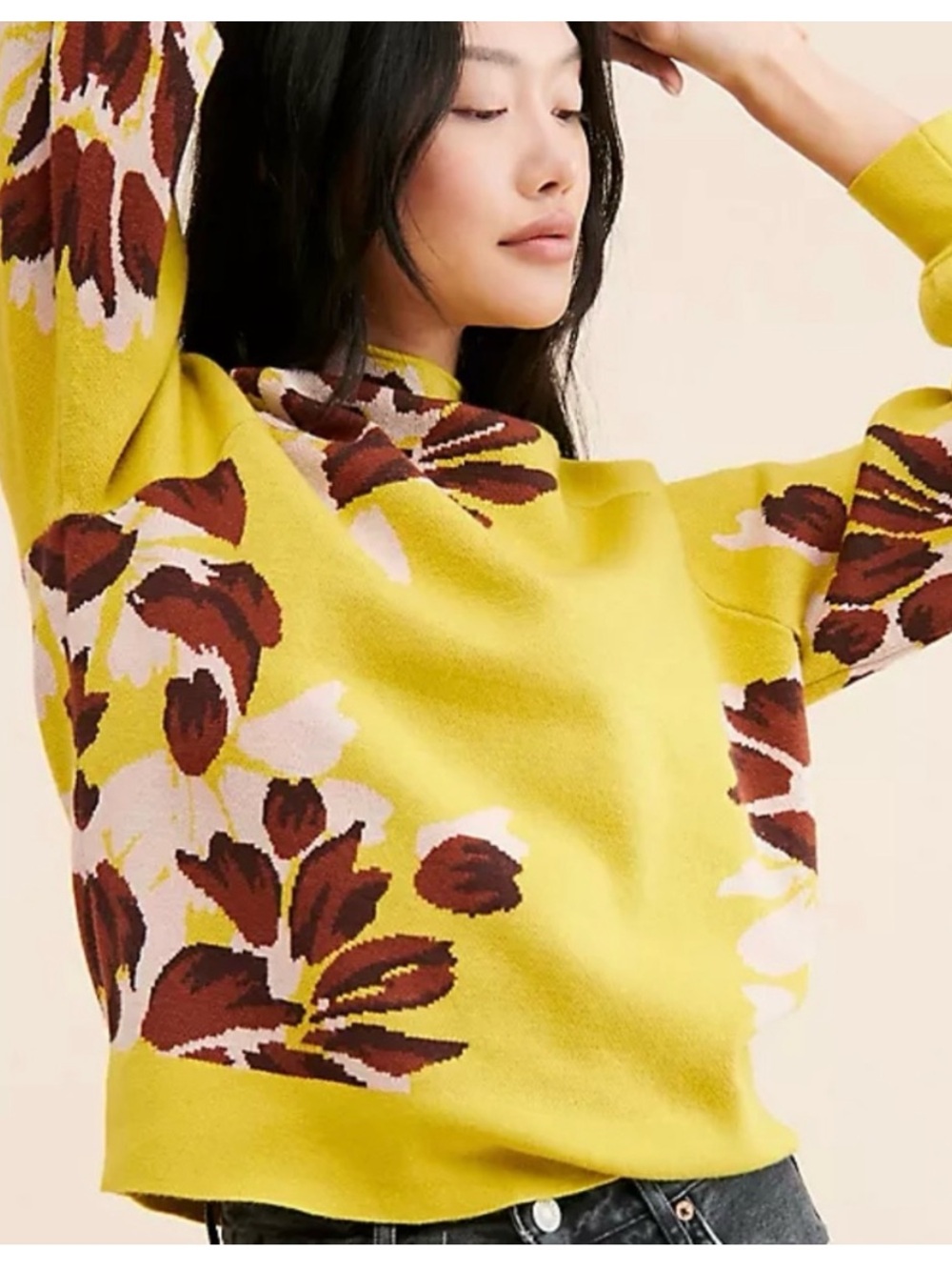 Anthropologie Yellowish Green Floral Mock Neck Sweater